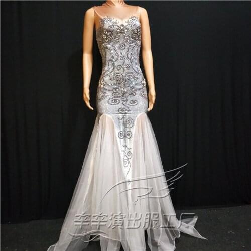2020 Women New Sparkly Stones White Mesh Sexy Long Dress Birthday Party Celebrate Slim Dress Dance Performance Net Yarn Dress