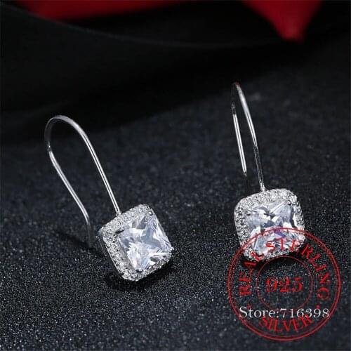 925 Sterling Silver Square Cubic Zirconia Drop Earrings for Women Girl Sterling Silver Jewelry Christmas Gift pendientes