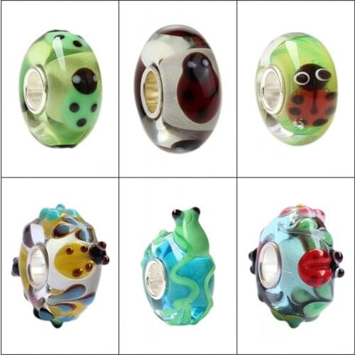 925 Sterling Silver Large Hole 3D Colorful Flowers animal Frog Ladybugs Murano Glass Charm Beads Fit European Bracelet Jewelry
