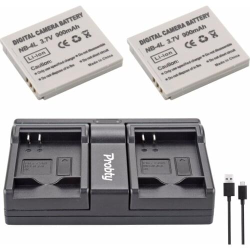 Probty 2Pcs NB-4L NB4L NB 4L Battery + USB Dual Charger For Canon IXUS 40 30 50 55 S5 WA60 TX1 DS4 SD960 IS 255 HS Camera