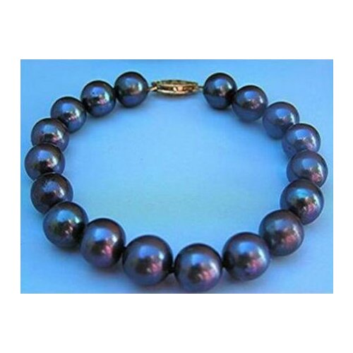 Free shipping >>>>noble jewelry Freshwater 9-10 mm natural black pearl bracelet 7.5 "- 8 " 14K gold