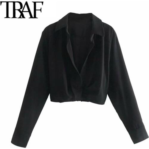 TRAF Women Fashion Office Wear Pleated Cropped Blouses Vintage Long Sleeve Elastic Hem Female Shirts Blusas Chic Tops
