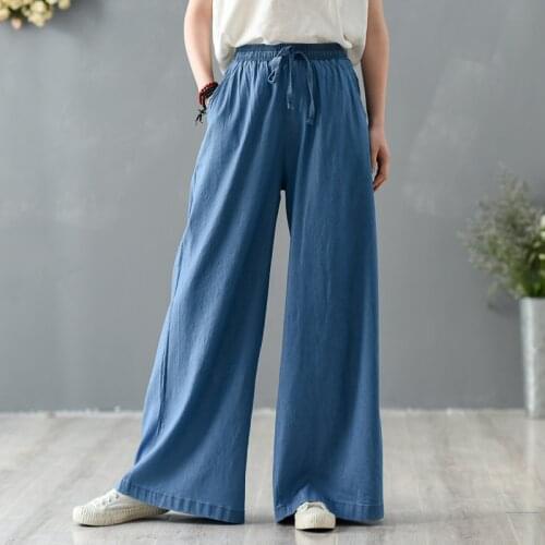 High Waist Loose Wide Leg Pants Women Casual Summer Denim Blue Color Trousers 2020 New National Style Hem Silk Pants Women