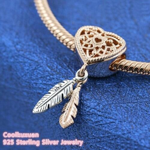 100% 925 Sterling Silver Openwork Heart & Two Feathers Dreamcatcher Charm beads Fits Original Pandora bracelets Jewelry Making