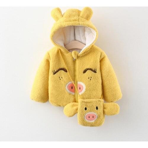 Winter Baby Girls Long Sleeve Hooded Cartoon Pig Eyelash Thick Fleece Warm Jackets Children Kids Outerwear Coats + Bag Casaco