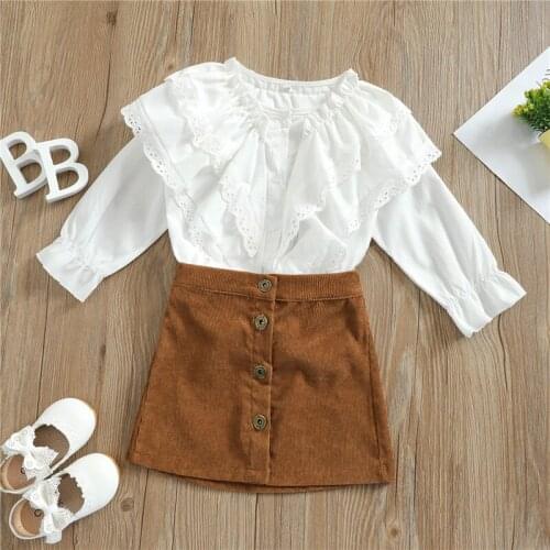 Elegant Baby Girl Spring Autumn 2Pcs Clothes Set Lace Ruffles Collar Button-down Shirts+Mini Corduroy Skirts Party Wear 1-5Years