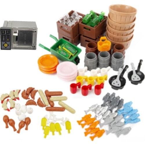 MOC City Building Blocks Pan DIY Toys For Children Fishes Accessories Mugs Banana Pizza Food Model Books Sausage Treasure Citys