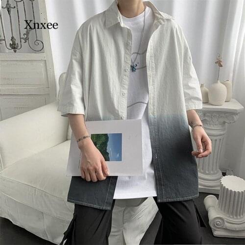 Japanese Summer Men Gradient Cardigan Shirt Harajuku Loose Fashion Half Sleeve Casual Shirt Streetwear Chic Retro Shirts Tops