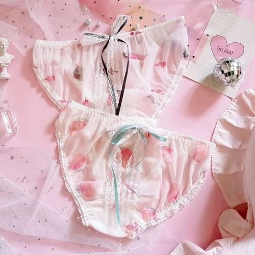 Kawaii Sexy Cute Girls Panties Briefs Womens Underwear Daily Wear Net Yarn Lace Ties Bow Pantsu Dreamy Peach Ice Cream
