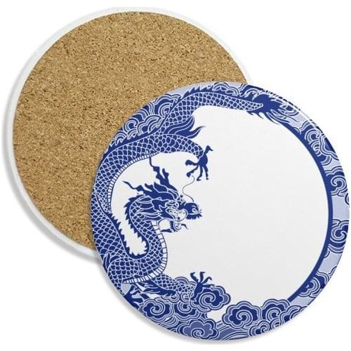 Chinese Culture Blue Dragon Ceramic Coaster Cup Mug Holder Absorbent Stone for Drinks 2pcs Gift