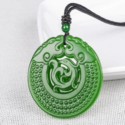Chinese Green Jade Dragon Phoenix Jade Pendant Jewelr Lucky Auspicious Amulet Jade Necklace Pendants Jade Fine Jewelry