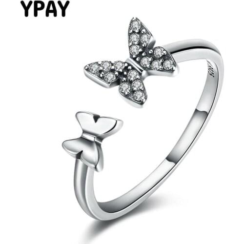 YPAY Rings Real 925 Sterling Silver Dazzling CZ Butterfly Open Finger Ring for Women Fine Accessories Jewelry Gift YMR040