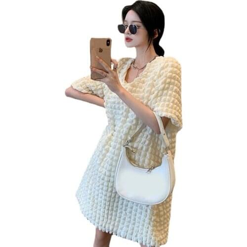 Girls Summer V-neck Bubble Sleeve Dress Summer Cool Loose Thin Straight Dress Holiday Party Solid Fashion Sexy Dress