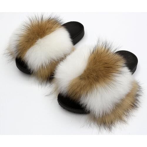 Fur Slippers Women Real Fox Fur Slides Home Fluffy Furry Raccoon Fur Sandals Outdoor Shoes Female Summer Fashion 2021