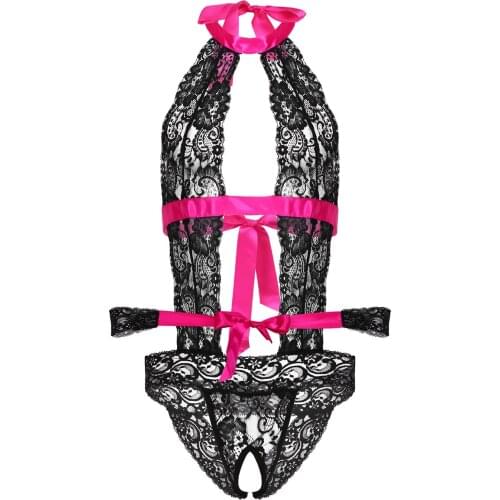 Men Sissy Bodysuit Lingerie Sheer Lace Ribbon Halter Open Croch Erotic Nightwear Sleepwear Crossdressing Gay Sexy Porn Underwear