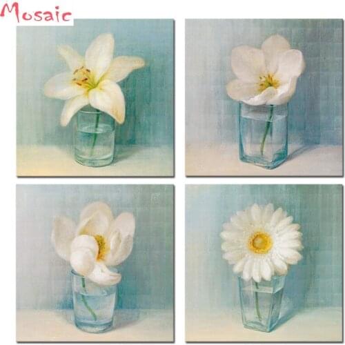 Full drill DIY Diamond Embroidery 4pcs White Lily Daisy Flower Vase 5D Diamond Painting,Cross Stitch,Diamond Mosaic,Needlework