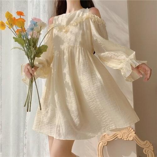 Autumn Japanese Sweet Lolita Dress Gentle Soft Girl Cute Long Sleeves Off Shoulder Fairy Dress Spring Ruffles Princess Dresses