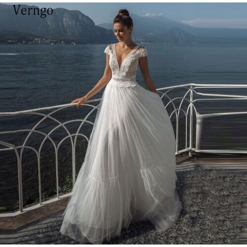 Verngo Boho Beach Wedding Dress 2021 A Line Short Sleeves Lace Applique Tulle Bridal Gowns Vintage Robe de mariee