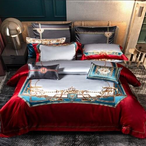 European Style Luxury Bedding Set Egypt Cotton Exquisite Embroidery Red Duvet Cover Sheet Pillowcase King Queen 4/6/8/10 PCS