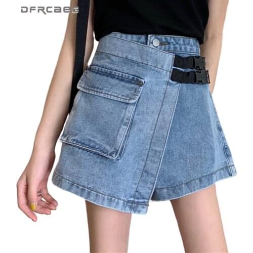 High Waist Streetwear Women Denim Shorts Skirts With Buckle 2020 Summer Black Casual Vintage Cargo Jean Skirt Shorts Female