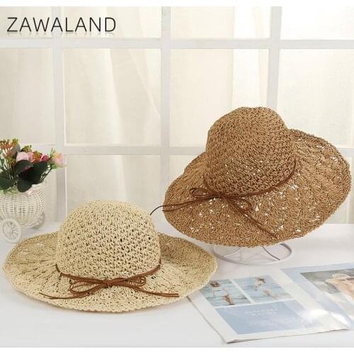 Zawaland Seaside Vacation Beach Hats Women Wide Brim Sun Protection Straw Hats Casual Caps Bow Solid Color Sun Hats Female Caps
