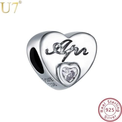 U7 New April 925 Sterling Silver CZ Heart Birthstone Charm Beads Fit Bracelet For Girlfriend Birthday Party Gift Original SC135
