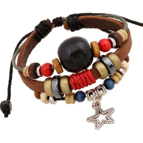Fashion Vintage Star Beads Charms Bracelet Retro Multi-layer Brown Leather Bangle Wrap Wristbands Men Women Kids Casual Jewelry