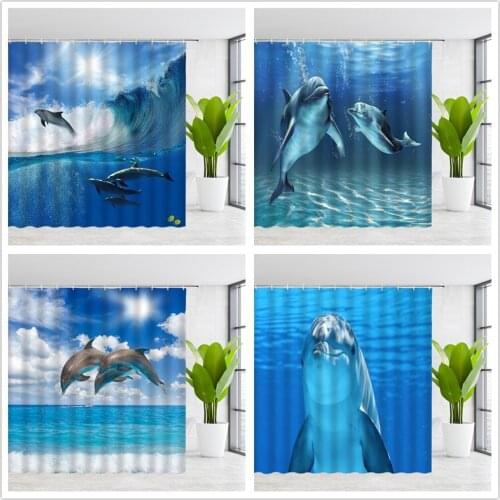 Funny Dolphin Shower Curtains Cute Ocean Animal Blue Seawater Sea Wave Scenery Bathroom Decor Cloth Hanging Curtain With Hooks