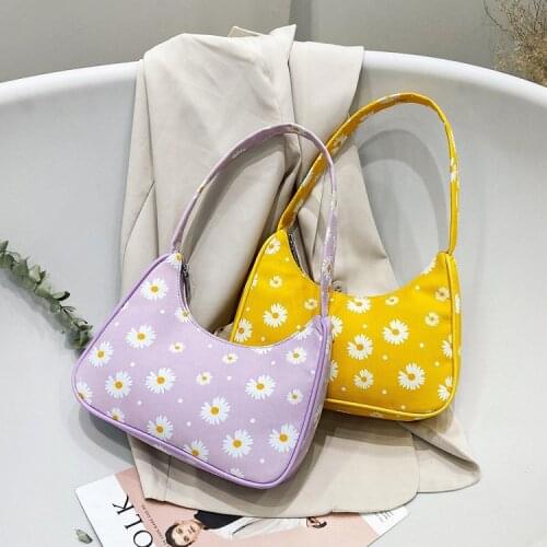 Women Classic Shoulder Bag Lightweight Handbag with Zipper Closure 2021 Baguette Cute Daisy Flower Print Clutch Purse