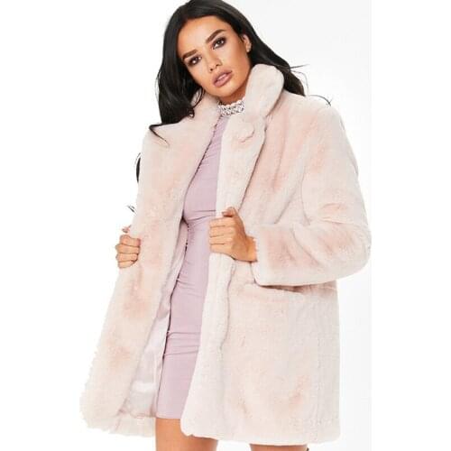 Ladies Faux Fur Jacket Solid Color Turn-Down Collar Mid-Length Loose Thick Warm Coat Women Rabbit Fake Fur Overcoat Streetwear