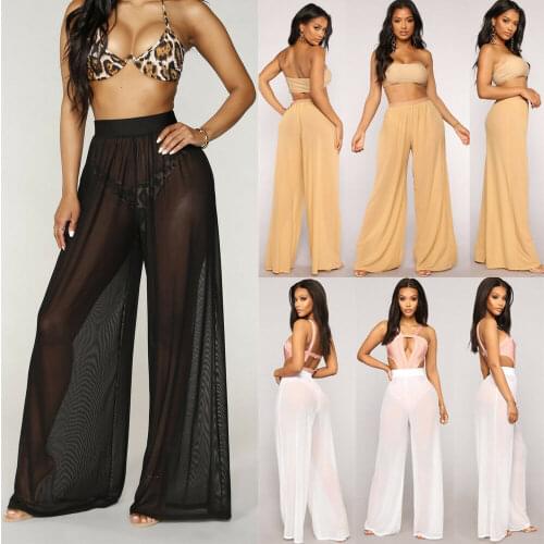 Womens Wide Leg High Waist See Through Loose Beachwear Bikini Cover Up Pants Bottom Bathing Suit Size S-2XL