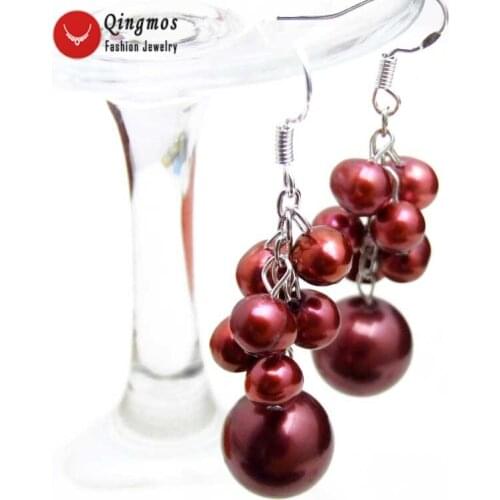 Qingmos Natural Pearl Trendy Earrings for Women with 6-7mm Round Wine Red Pearl and Sea Shell Pearl Dangle Grape Earring-ear528