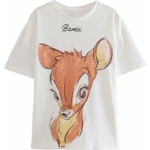 Disney Cartoon Bambi Shirts for Women Print Round Neck Short-sleeved Women Fashion Clothing Graphic T-Shirts Harajuku Kawaii