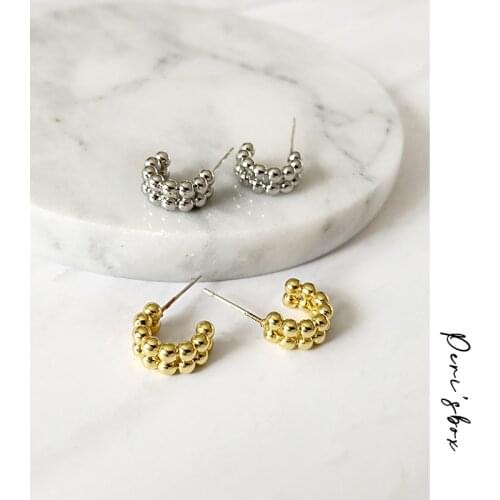 PerisBox 2 Row Simple Gold Beaded Hoop Earrings C shape Mini Earrings Hoop Semi Circle Beads Minimalist Hoop Earrings for Women