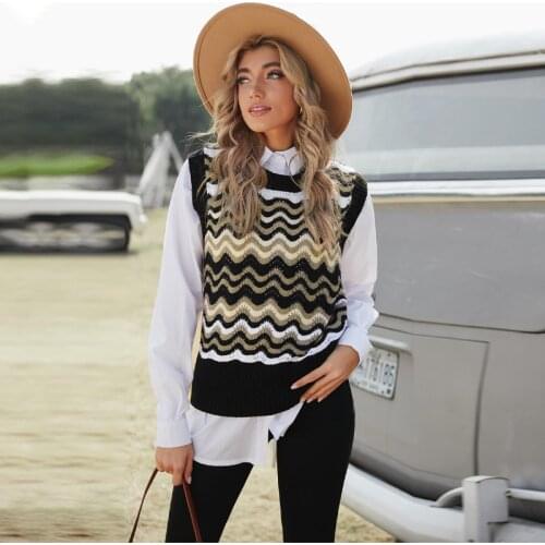 New Winter Vest Sweater Women Cross-border Slim Striped Sleeveless Vintage Fall O-neck Knitted Sweaters Female