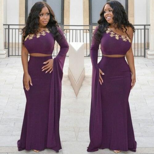 Two Pieces Prom Dress One Shoulder Arabic Evening Dresses Long Sleeves Hijab Muslim Dubai Beaded Purple Formal Kaftan Party Gown