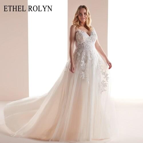 ETHEL ROLYN Plus Size Wedding Dresses 2021 Vestido De Noiva Sexy V-neckline Sleeveless Boho Appliques Backless Wedding Gowns
