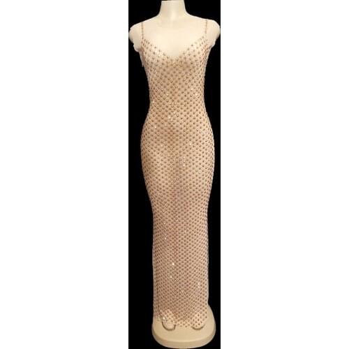 Sexy Gold Rhinestones Mesh See Through Sleeveless Dress Women Evening Prom Party Long Dresses Birthday Celebrity Stage Outfit
