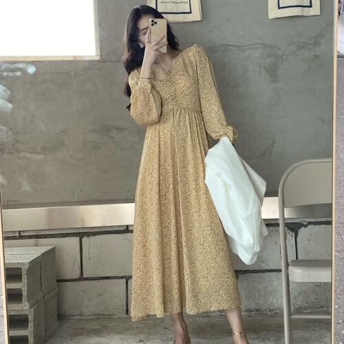 Print Elegant A-line Vestidos V Neck High Waist Floral Party Evening Korean Vintage Dresses Long Sleeve Autumn Dress Women