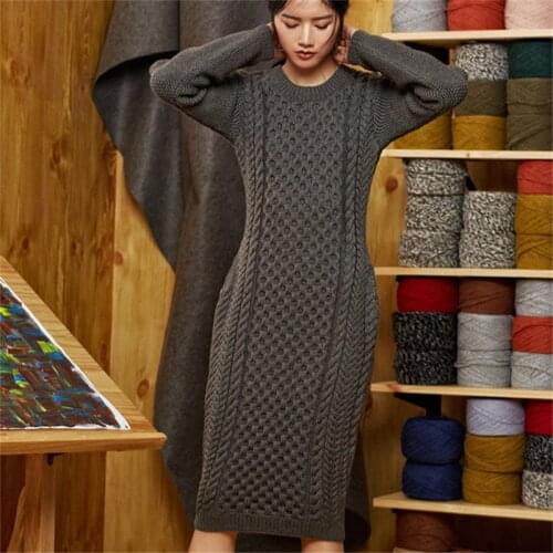 100% hand made pure wool Oneck thick knit women fashion solid slim twisted long pullover sweater grey 5color customized