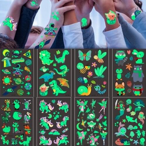 12PCS Unicorn Luminous Tattoo Sticker Children Arm Face Glowing Tattoo Body Art Tattoo Dinosaur Pirate Mermaid Tattoo Cartoon
