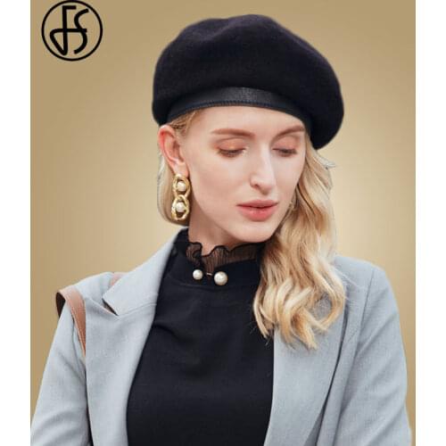 FS Black Women Beret Hats French Artist Warm Wool Winter Beanie Hat Retro Vintage Plain Beret Solid Color Elegant Lady Warm Cap