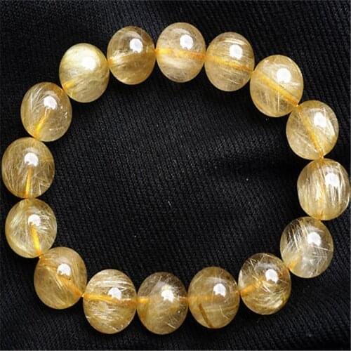 13mm Brazil Natural Yellow Gold Rutilated Quartz Crystal Round Beads Stretch Charm Women Men Bracelet