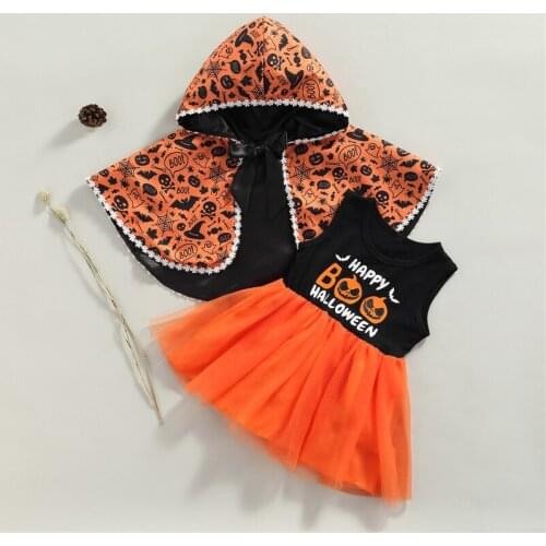 Kids Suit Set Halloween Letter Pumpkins Print Round Neck Sleeveless Dress+ Cloak for Girls 18 Months-5 Years