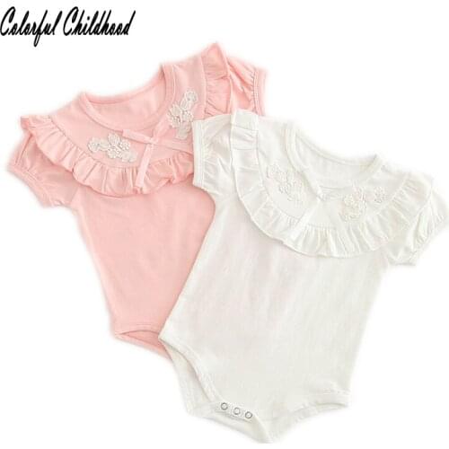 Sweet lace embroidery romper baby girls short sleeve cotton jumpsuit newborn baby onesie children outfits 0-24m