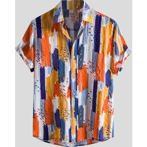 Summer Mens Shirt Top Casual Short Sleeve Cotton Linen Hawaiian Shirts Stand Collar Strip Print Cool Thin Shirt Men Clothing Top