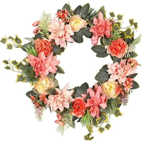 Artificial Dahlia Wreath Spring Summer Wreath for Front Door Wall Window Wedding Party Garden Farmhouse Home Decor