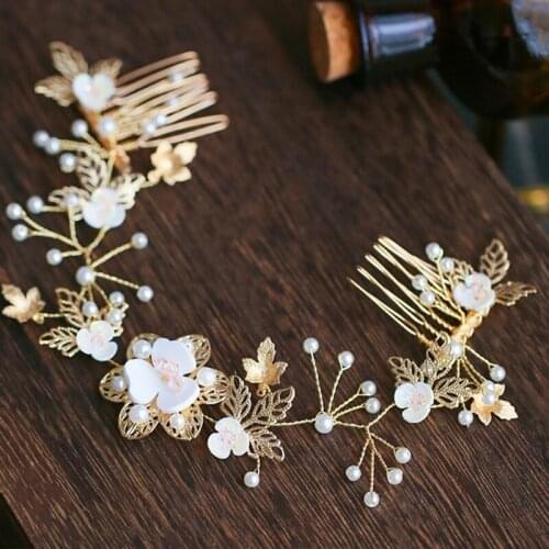 Korean bride wedding headdress handmade alloy tree leaf double head comb comb pink flower headband bride hair comb jewelry