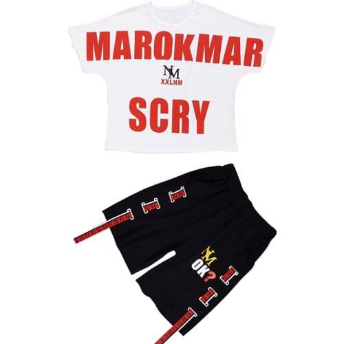 Big Boys Short Sleeve Summer Sets Letters Print Loose Fit T-shirts+Shorts 2PCS Clothing Sets Hip Hop Dancer Woven Belts Sets