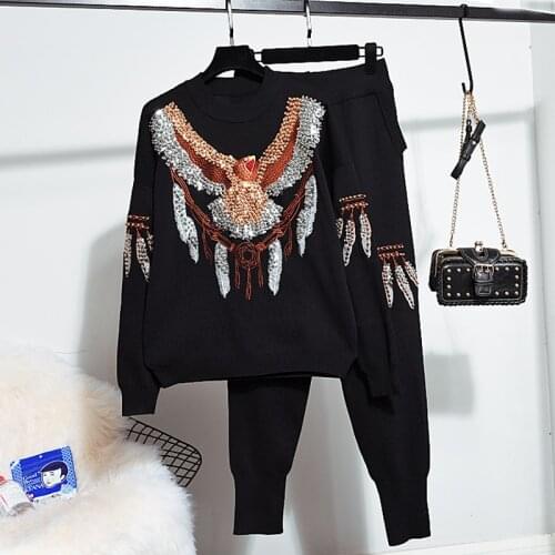 Fashion cartoon pattern diamond beading knit suits female embroidery sweater + knit pencil pants two pieces sets wq2386 factory
